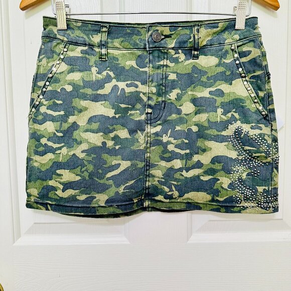 PLAYBOY MILITARY INSPIRED CAMO STUDDED RHINESTONE LOGO DENIM MINI SKIRT - Picture 1 of 9